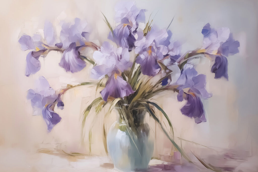 Painting of purple flowers in a vase Painting of purple flowers in a vase