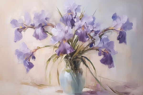 Painting of purple flowers in a vase Painting of purple flowers in a vase