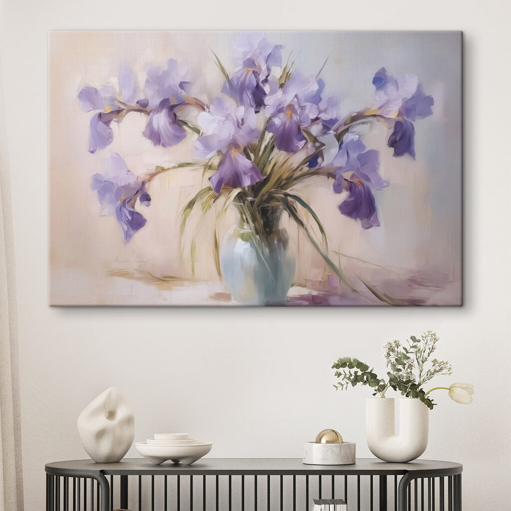 Painting of purple flowers in a vase Painting of purple flowers in a vase