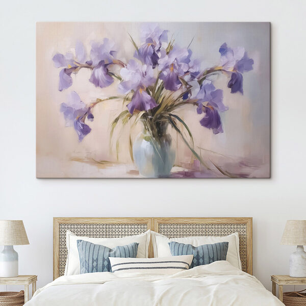 Painting of purple flowers in a vase Painting of purple flowers in a vase