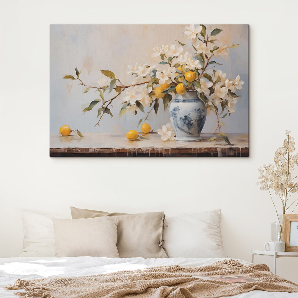 Painting of a vase with flowers and lemons