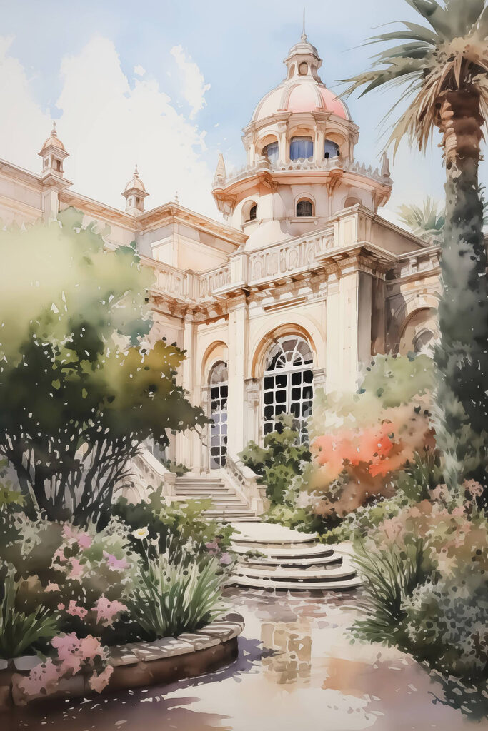 Watercolor painting of a building with a tower and stairs Watercolor painting of a building with a tower and stairs