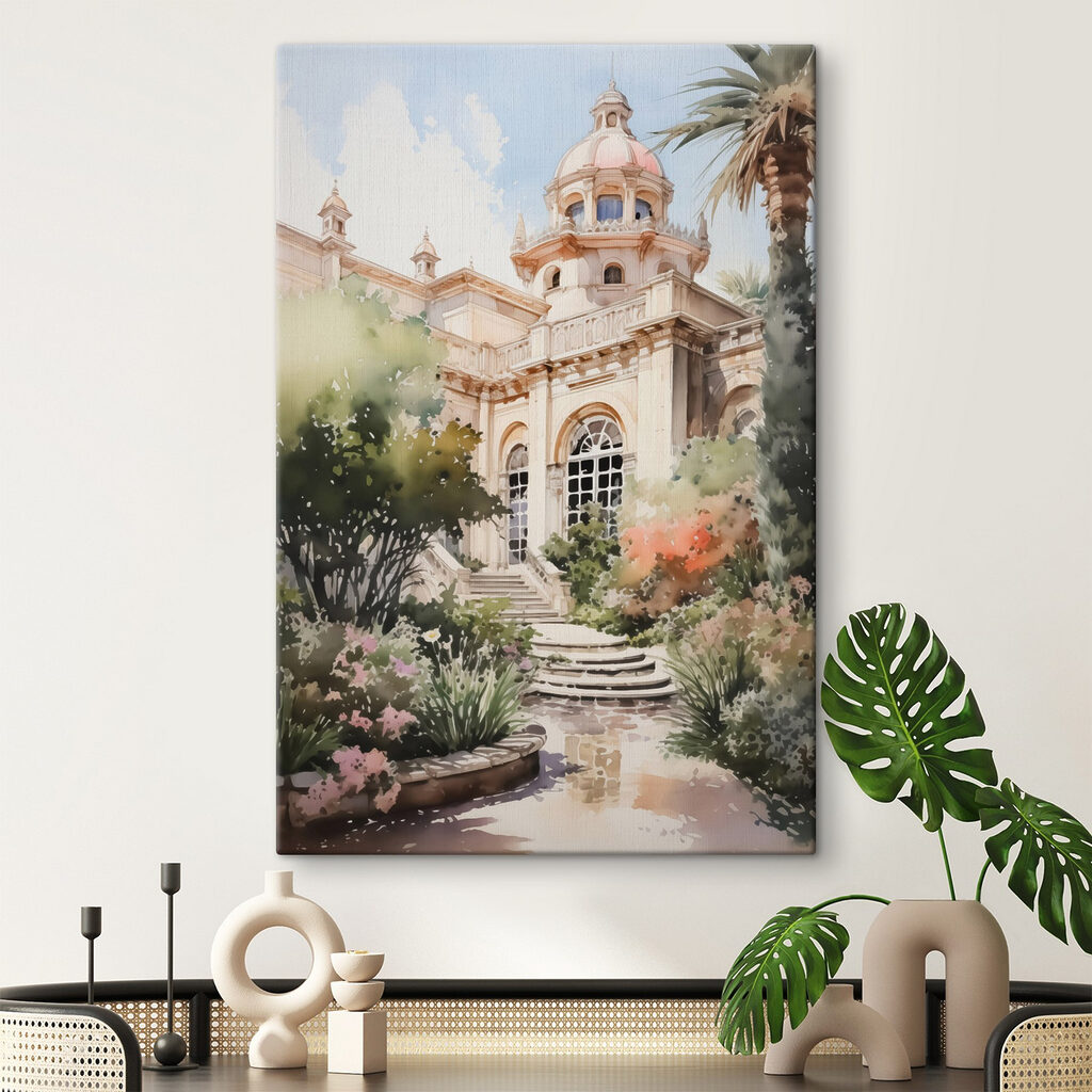 Watercolor painting of a building with a tower and stairs Watercolor painting of a building with a tower and stairs