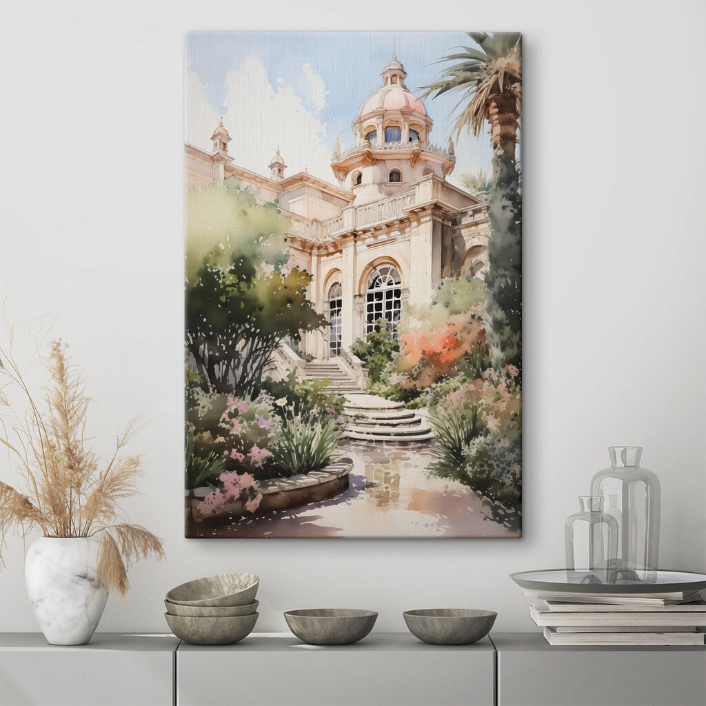 Watercolor painting of a building with a tower and stairs Watercolor painting of a building with a tower and stairs