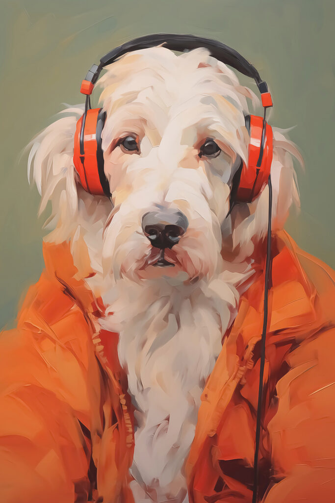 Dog wearing orange headphones