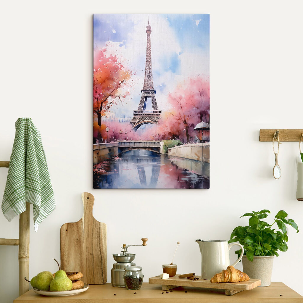 Watercolor painting of a tower with pink flowers and a bridge