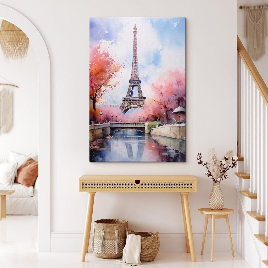 Watercolor painting of a tower with pink flowers and a bridge
