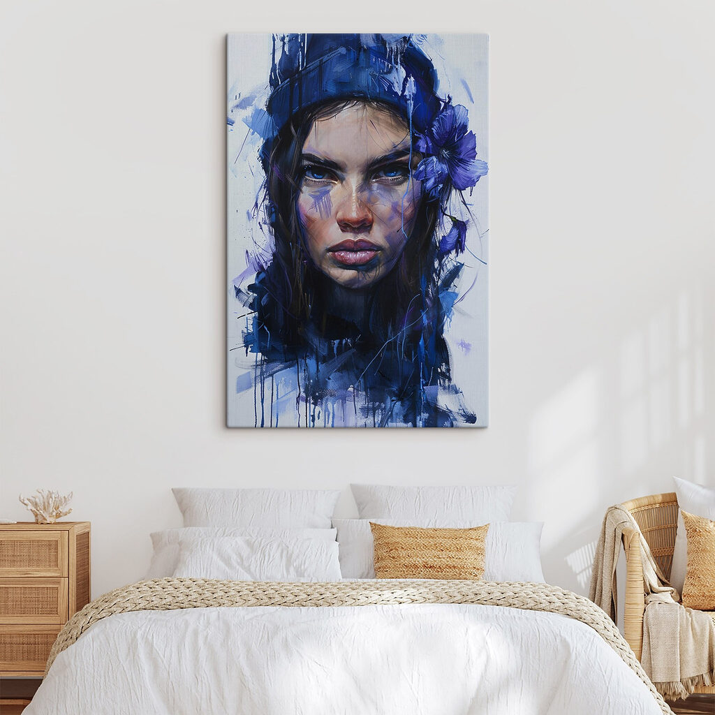 Painting of a woman with blue flowers in her hair