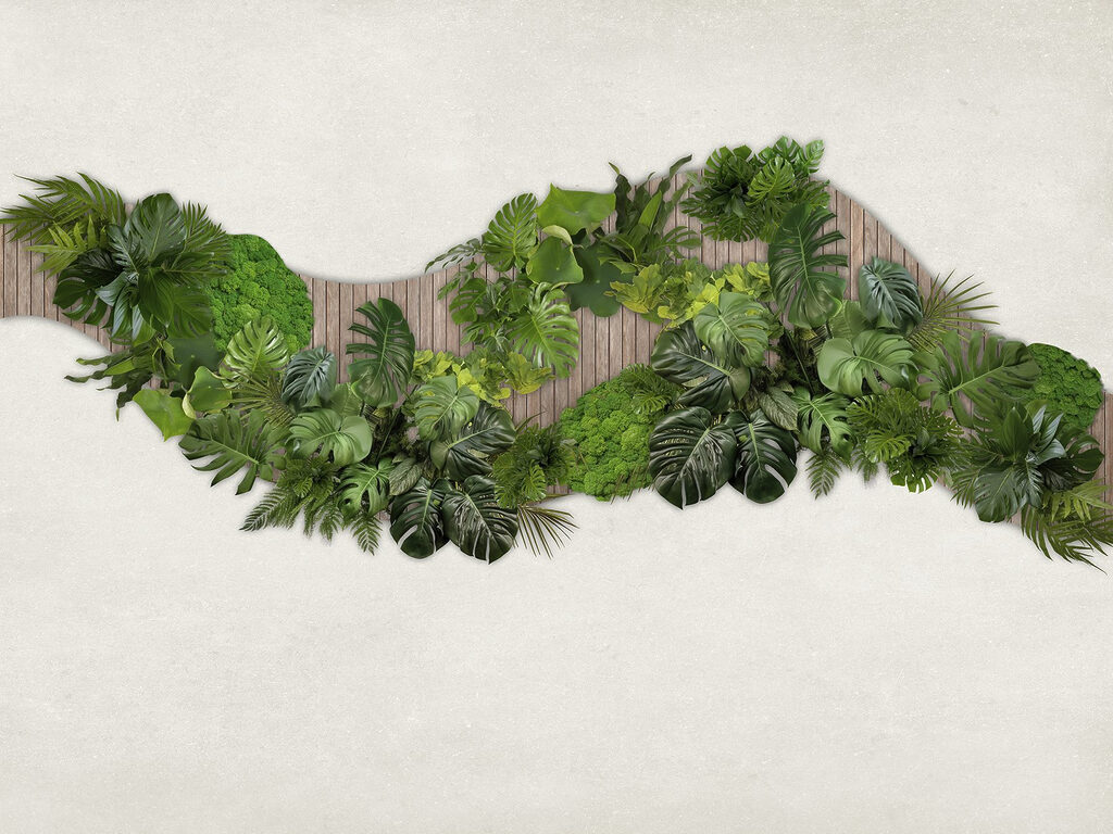 Group of green leaves on a wooden surface