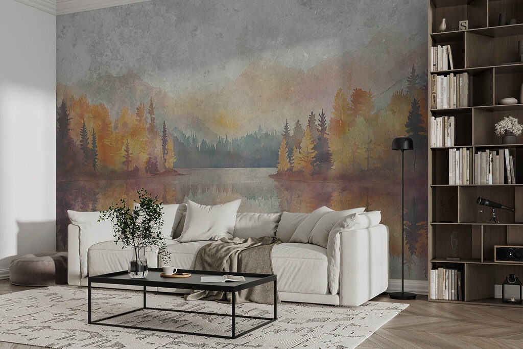 Watercolor painting of a lake with trees and mountains