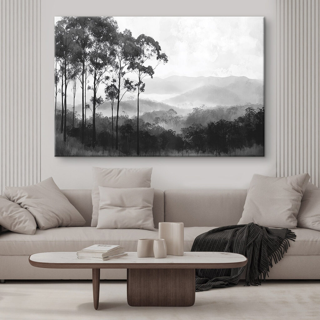 Forest with trees and mountains in the background