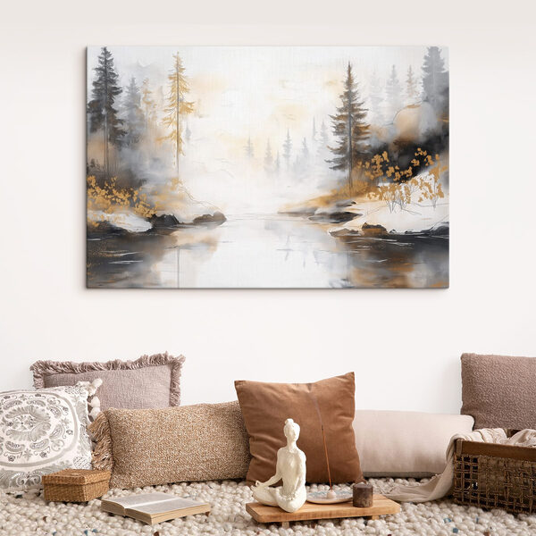 Watercolor painting of a river with trees and fog Watercolor painting of a river with trees and fog