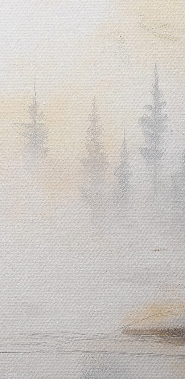 Watercolor painting of a river with trees and fog Watercolor painting of a river with trees and fog