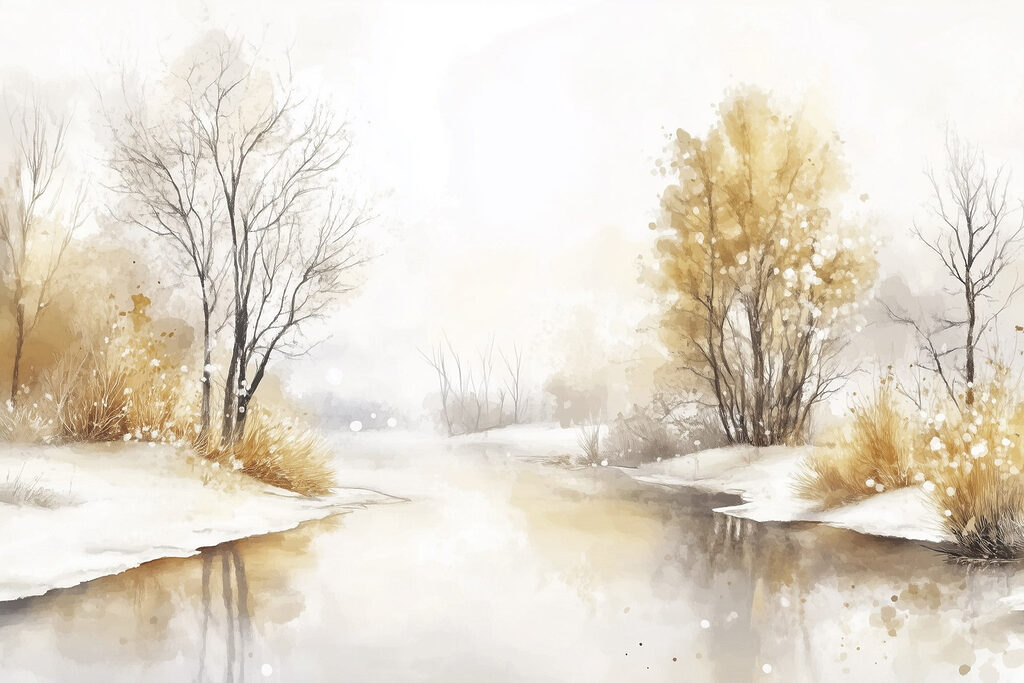 Watercolor of a river with trees and grass and snow