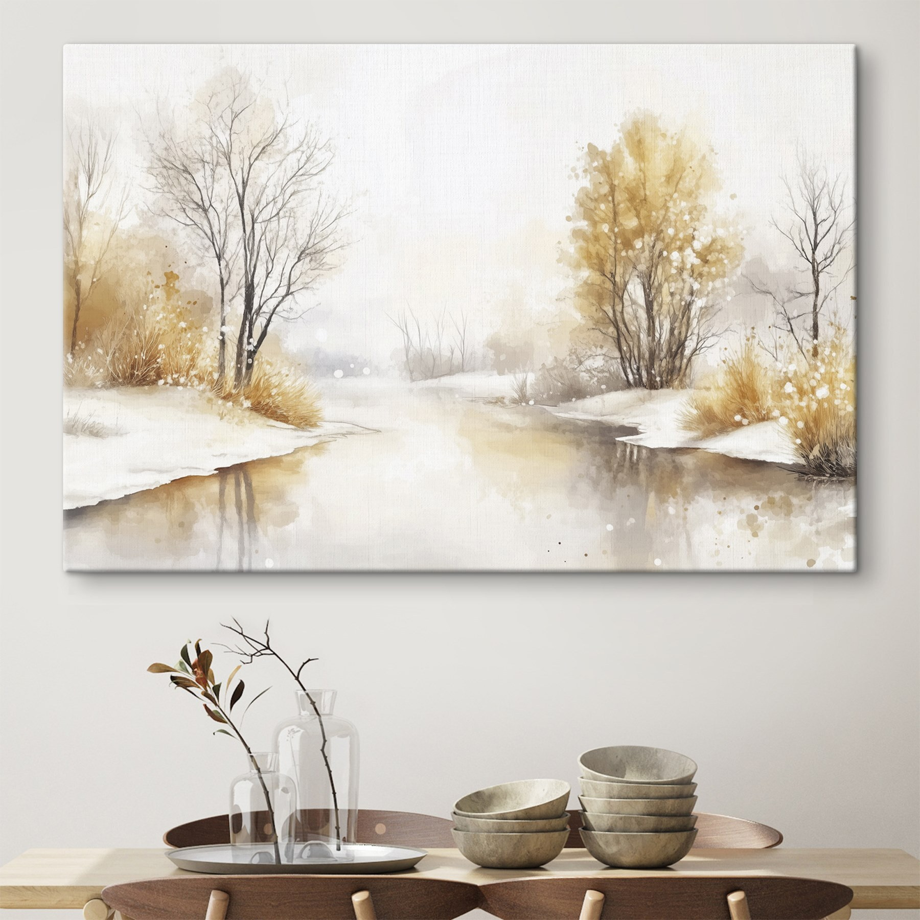 Watercolor of a river with trees and grass and snow