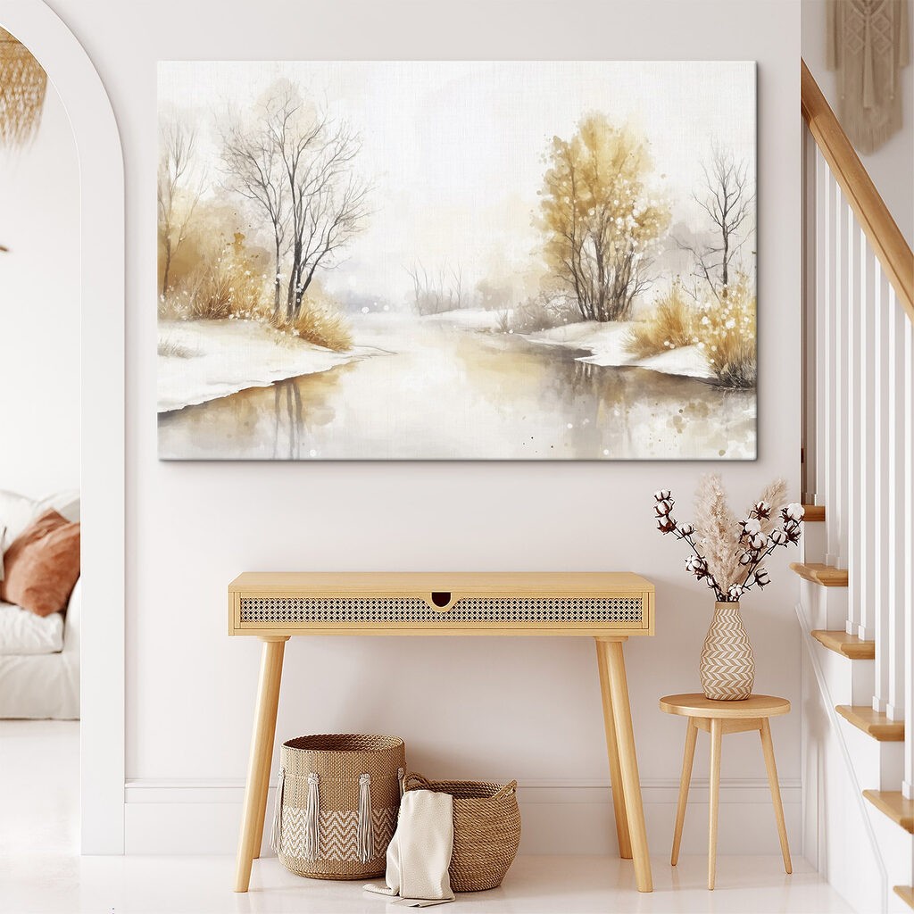 Watercolor of a river with trees and grass and snow