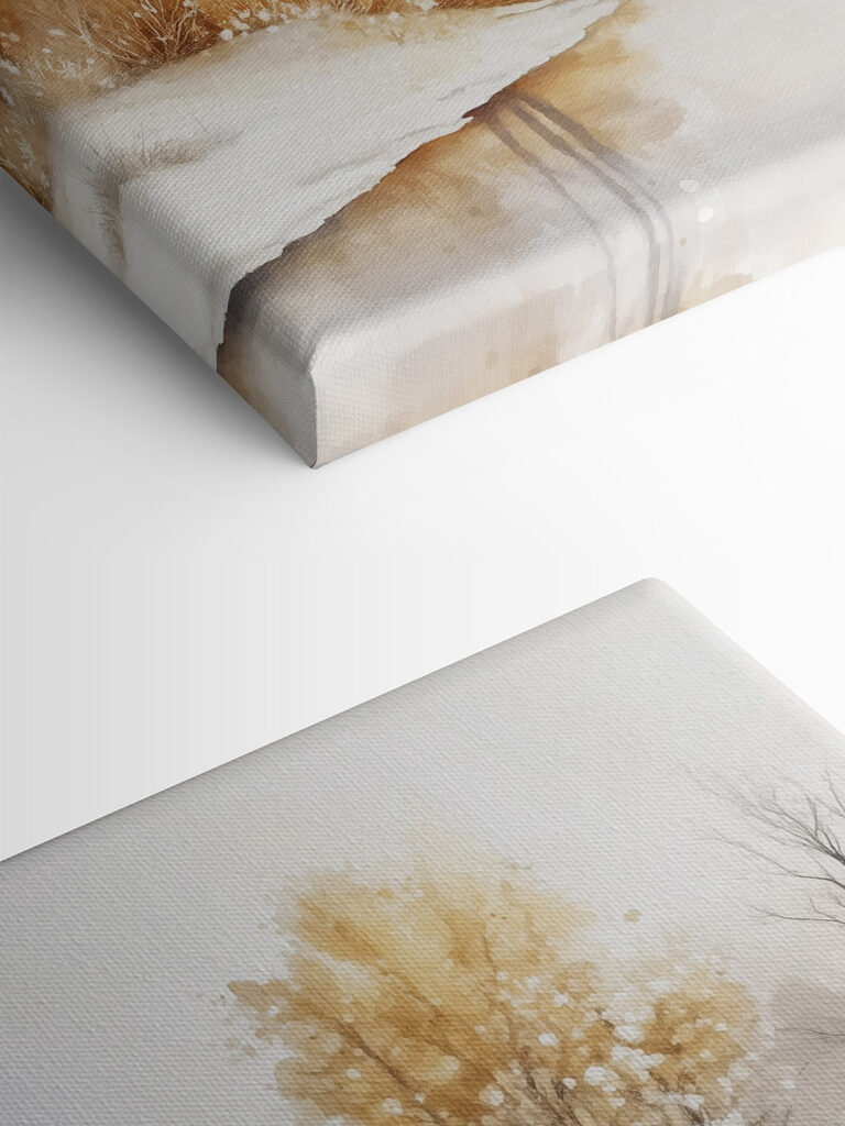 Watercolor of a river with trees and grass and snow