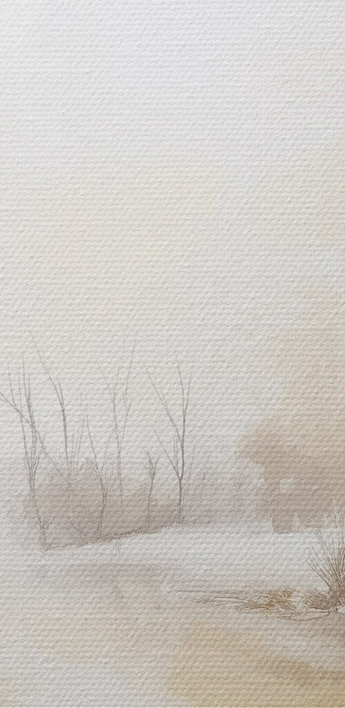 Watercolor of a river with trees and grass and snow