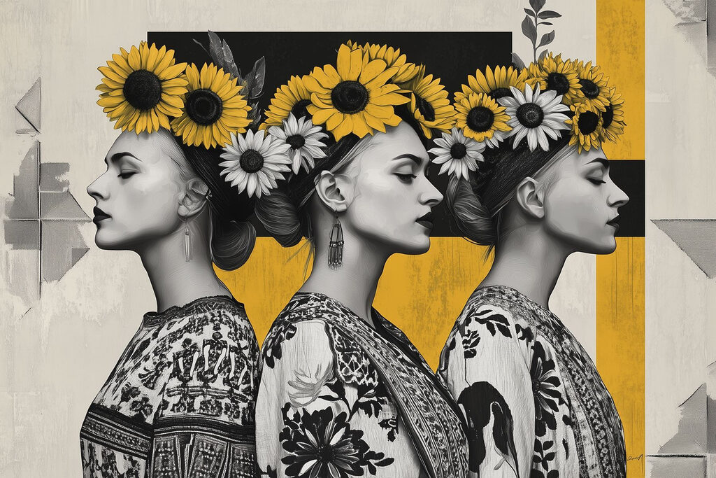 Group of women with sunflowers in their hair Group of women with sunflowers in their hair