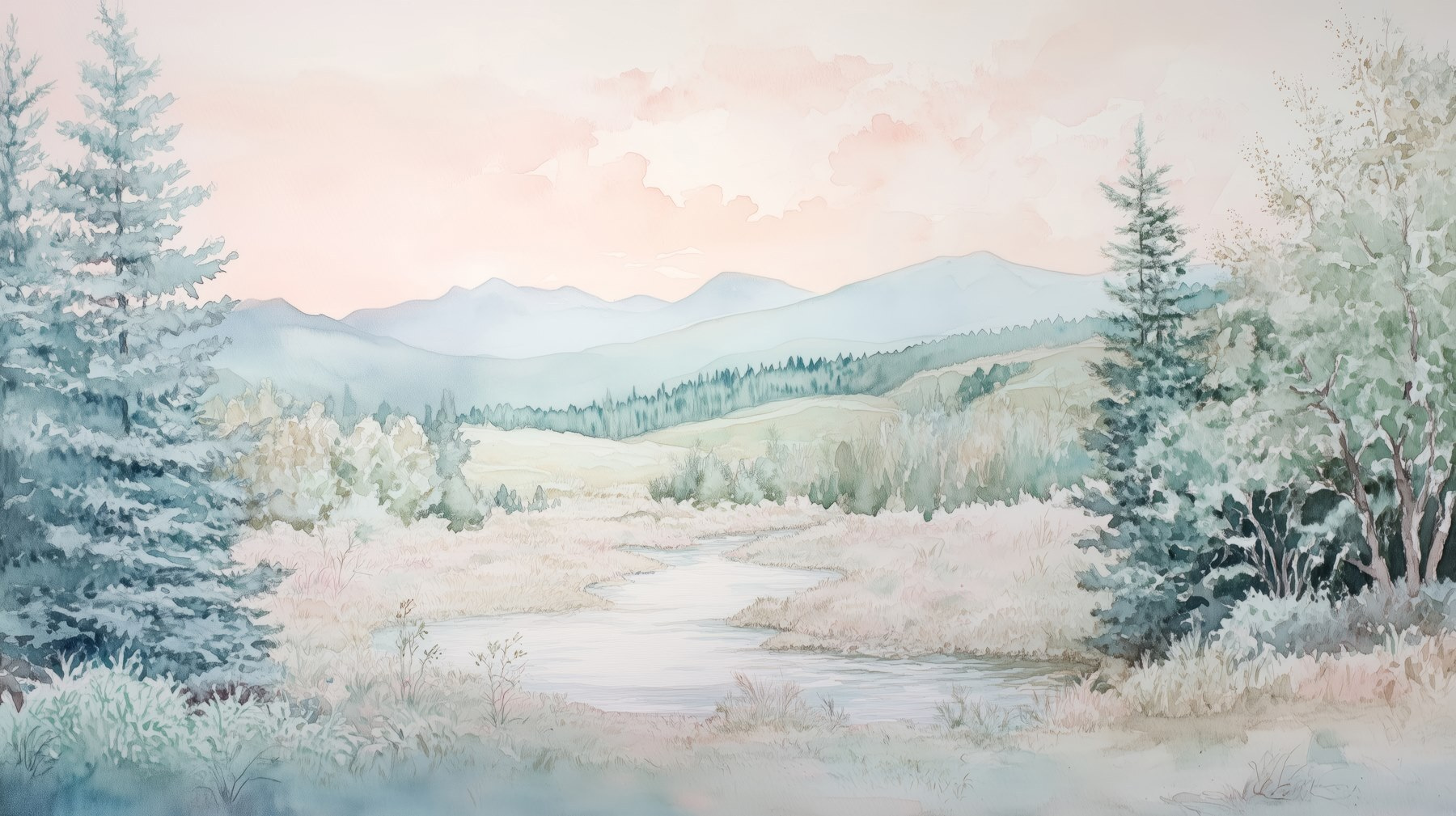 Watercolor painting of a river in a valley