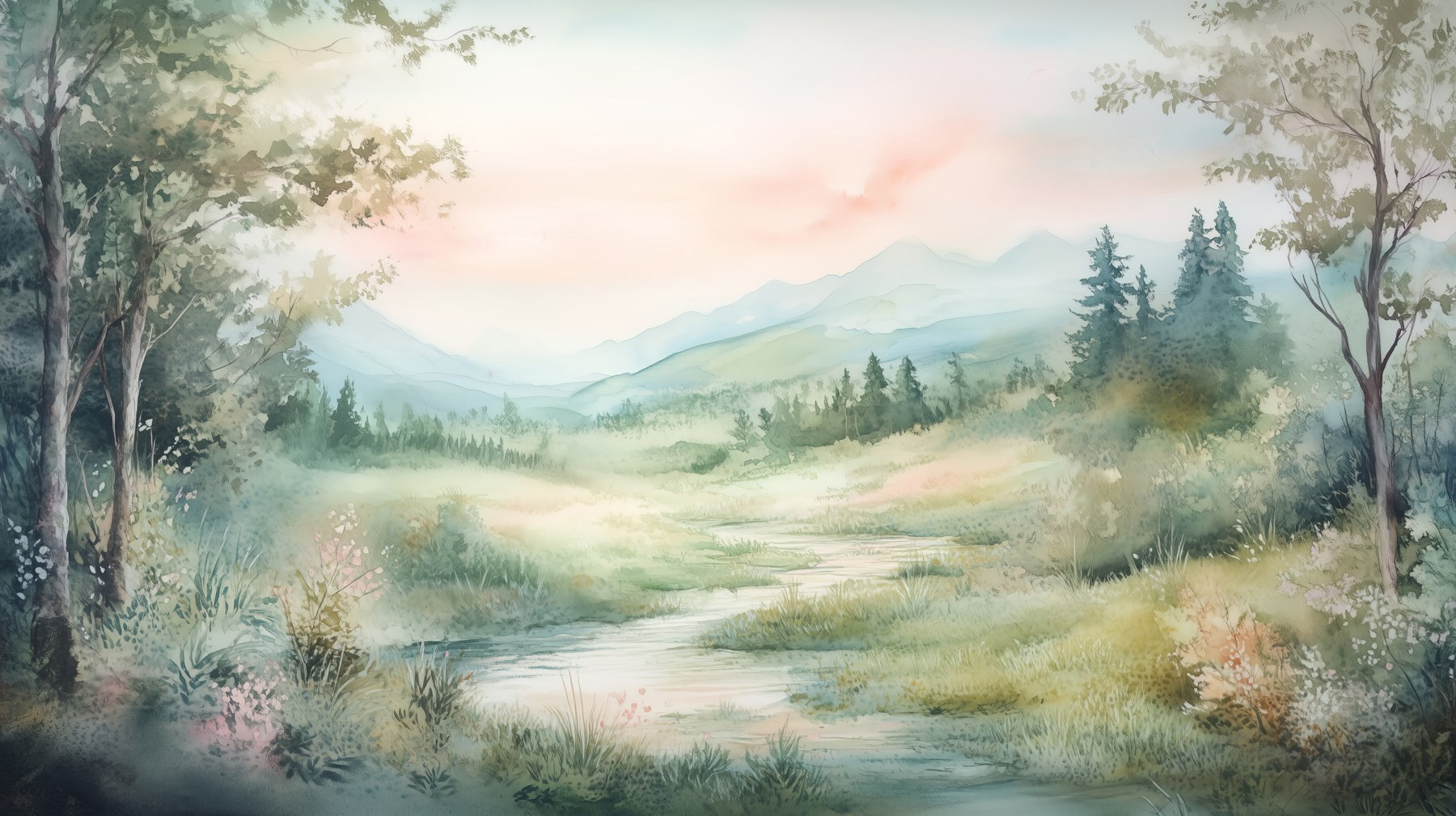 Watercolor painting of a river running through a valley