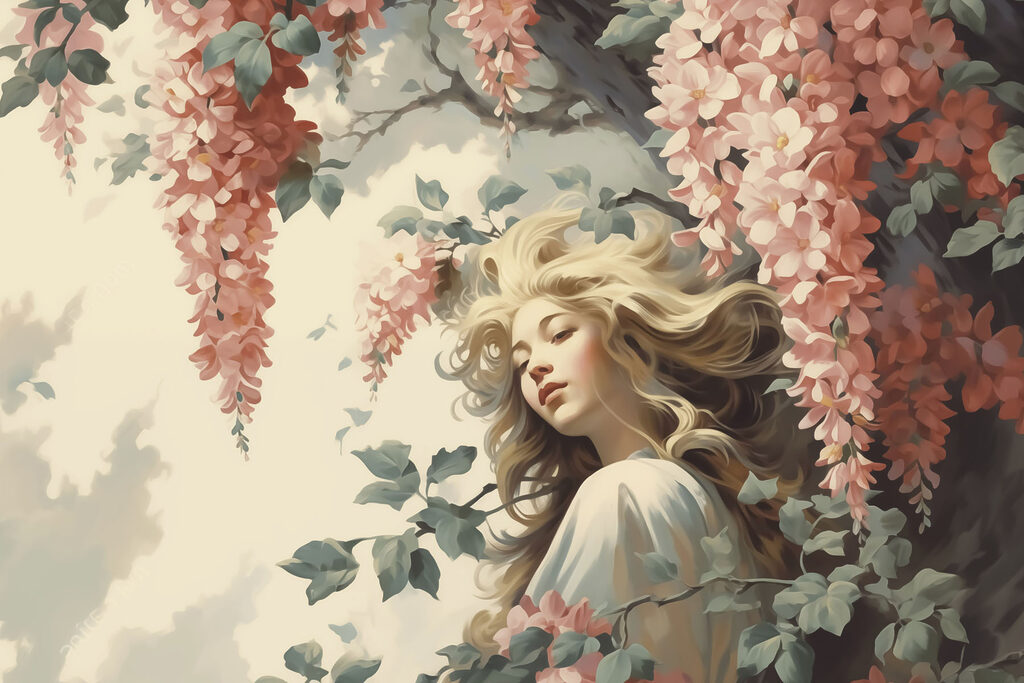 Woman in a tree with flowers