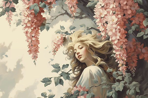 Woman in a tree with flowers