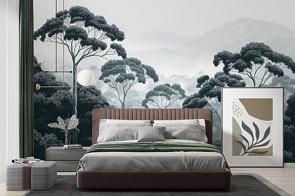 Forest with trees and mountains in the background