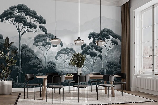 Forest with trees and mountains in the background