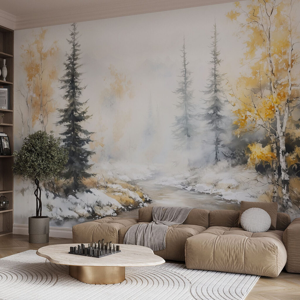 Watercolor painting of a river with trees and snow