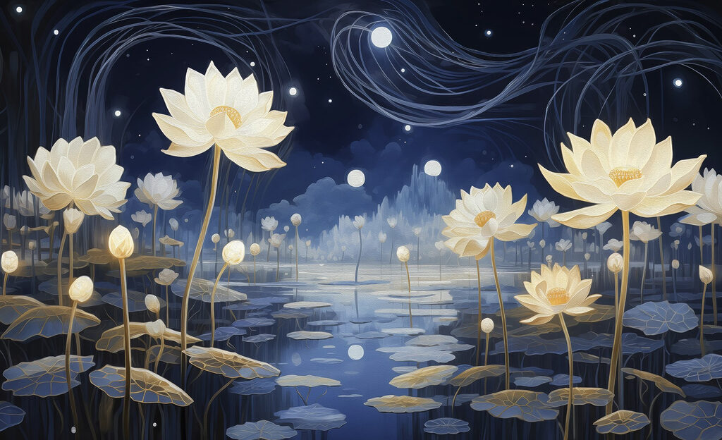 Painting of flowers in a pond
