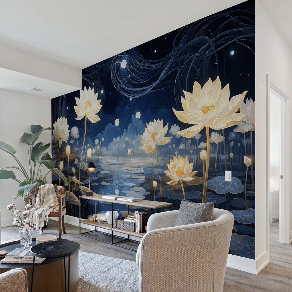Painting of flowers in a pond
