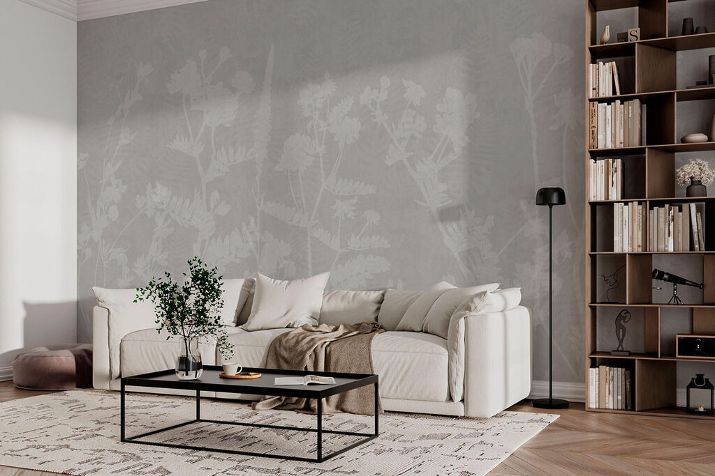 White floral pattern on a gray background