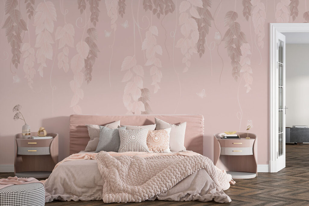 Pink and white background with leaves and butterflies