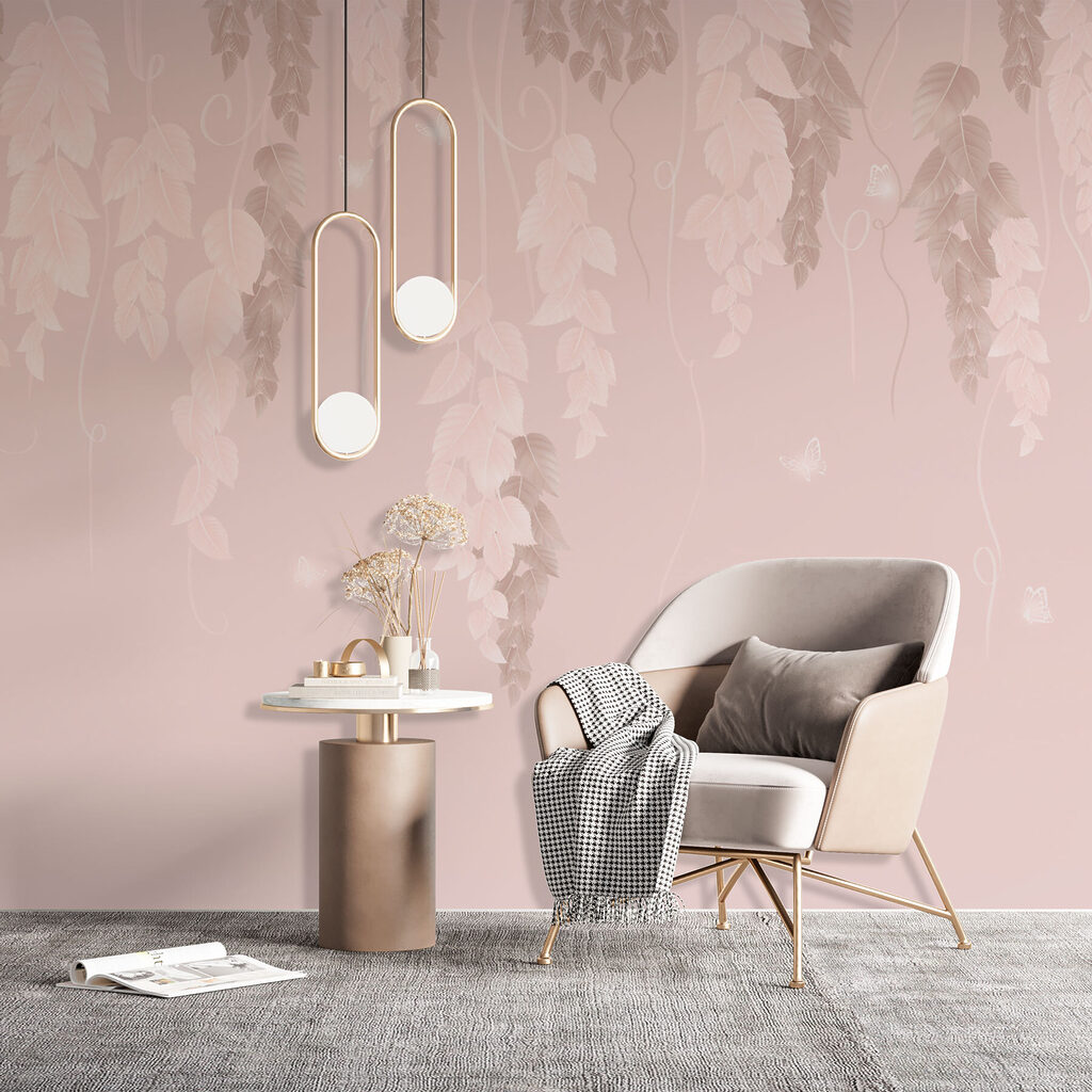 Pink and white background with leaves and butterflies