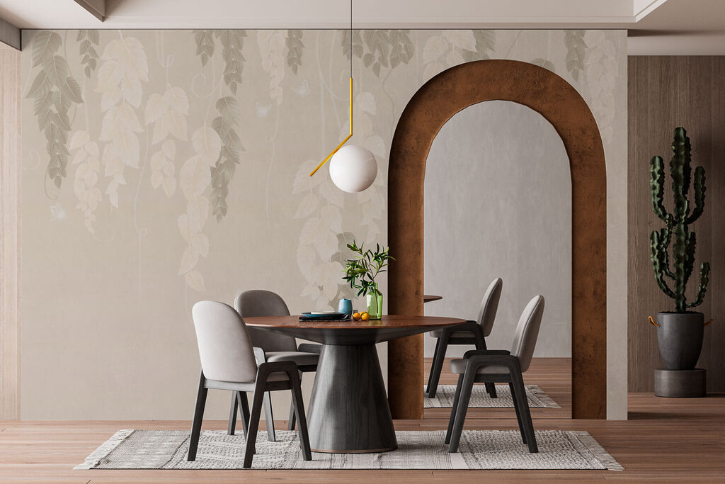 Wallpaper with leaves and butterflies