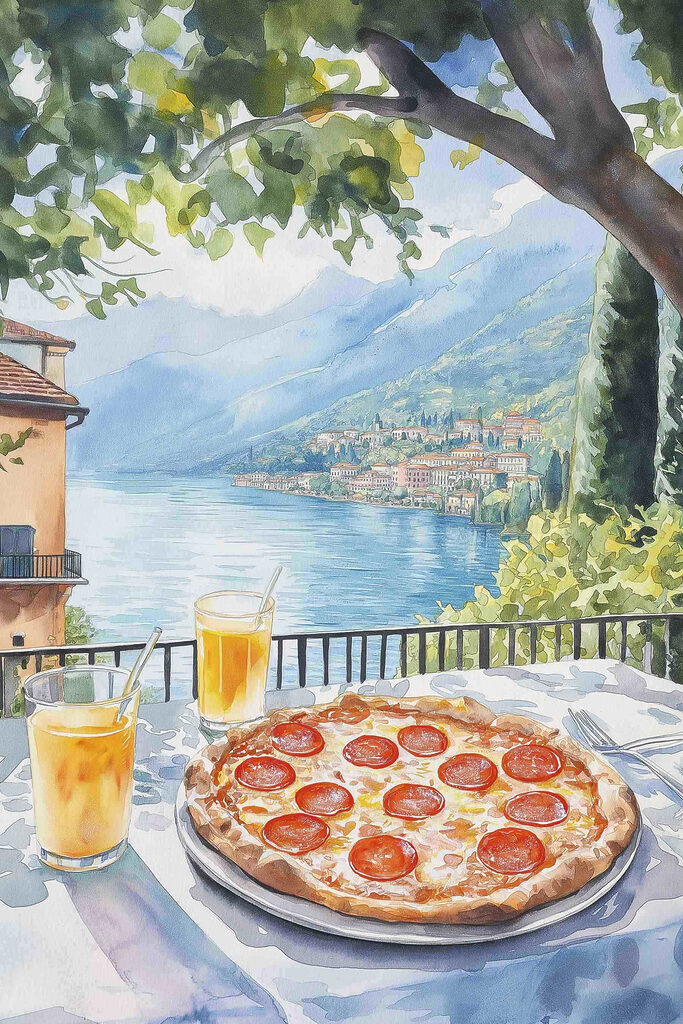 Watercolor painting of a pizza and drinks on a table Watercolor painting of a pizza and drinks on a table