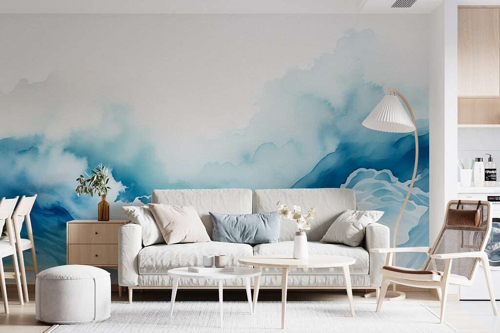 Watercolor of a mountain with clouds