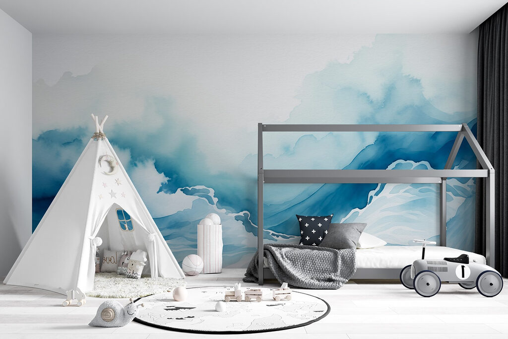 Watercolor of a mountain with clouds