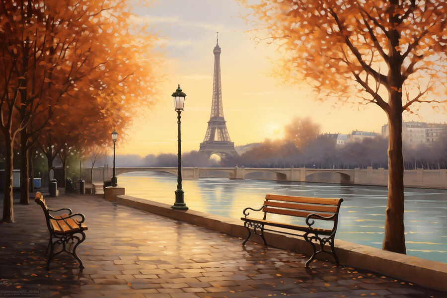 Bench and a river with trees and a tower in the background Bench and a river with trees and a tower in the background