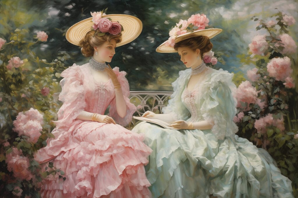 Painting of women in dresses and hats
