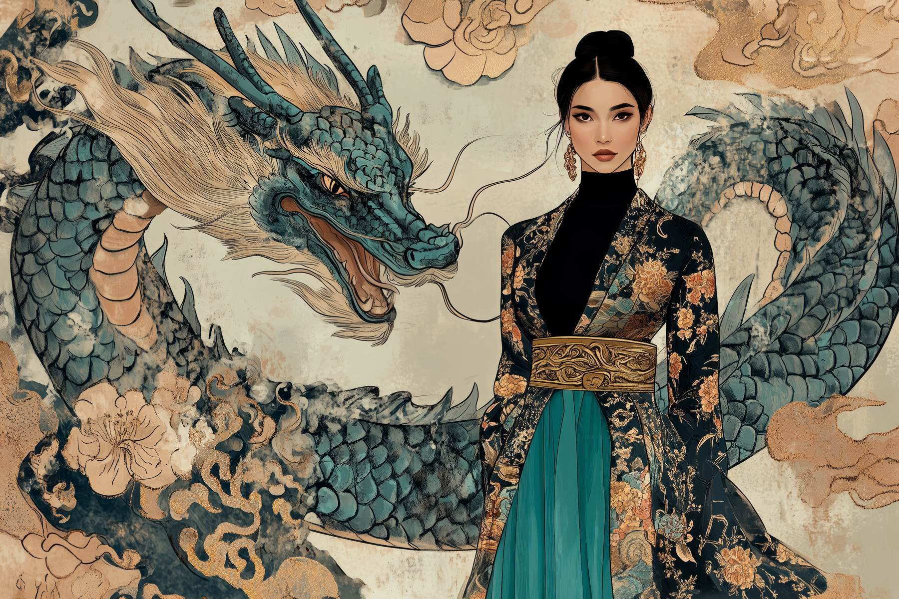 Woman in a kimono and a dragon Woman in a kimono and a dragon