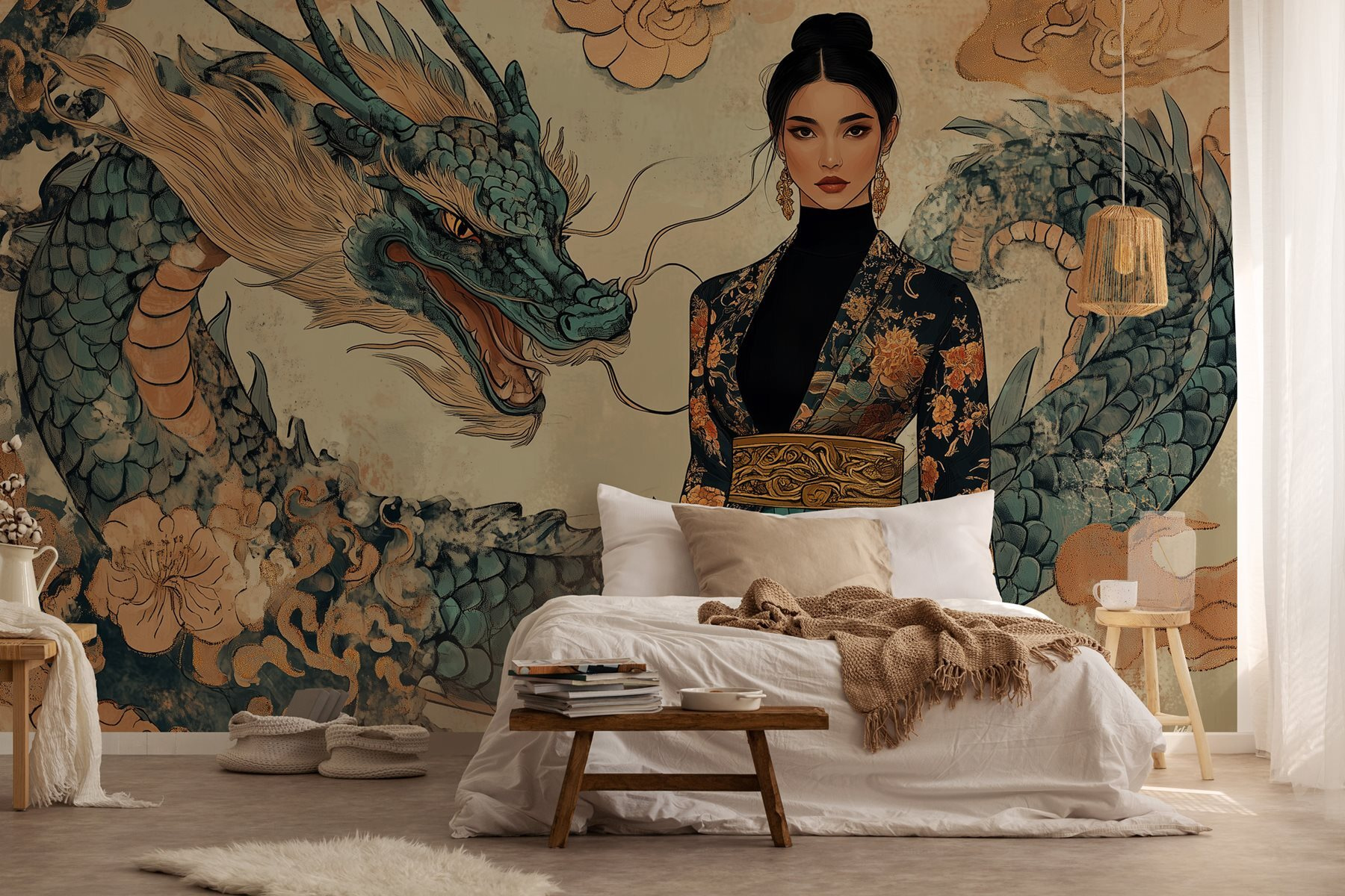 Woman in a kimono and a dragon Woman in a kimono and a dragon