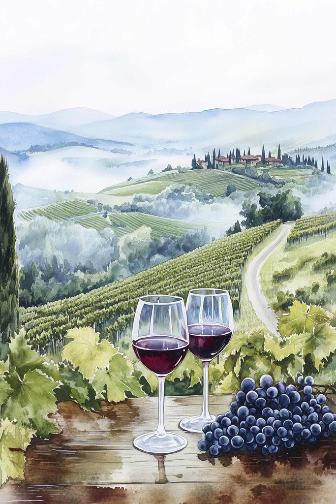 Watercolor of wine glasses on a table with grapes and hills in the background Watercolor of wine glasses on a table with grapes and hills in the background