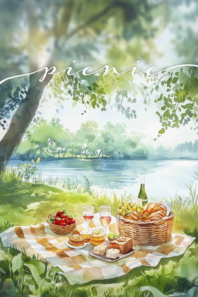 Watercolor painting of a picnic with food and wine on a blanket by a lake Watercolor painting of a picnic with food and wine on a blanket by a lake