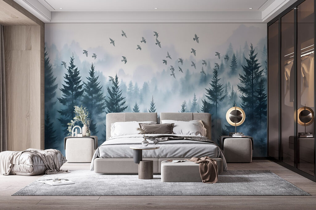 Birds flying over a forest