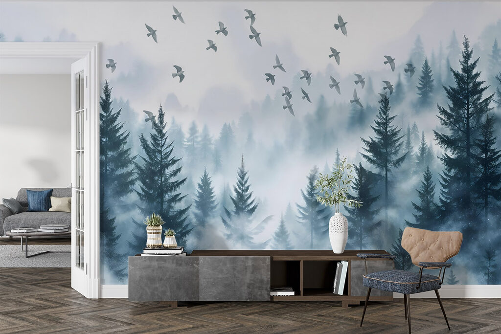Birds flying over a forest
