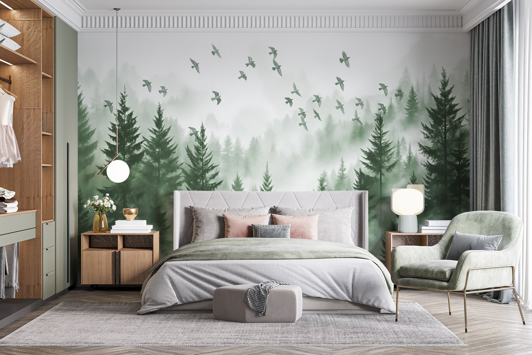 Birds flying over a forest