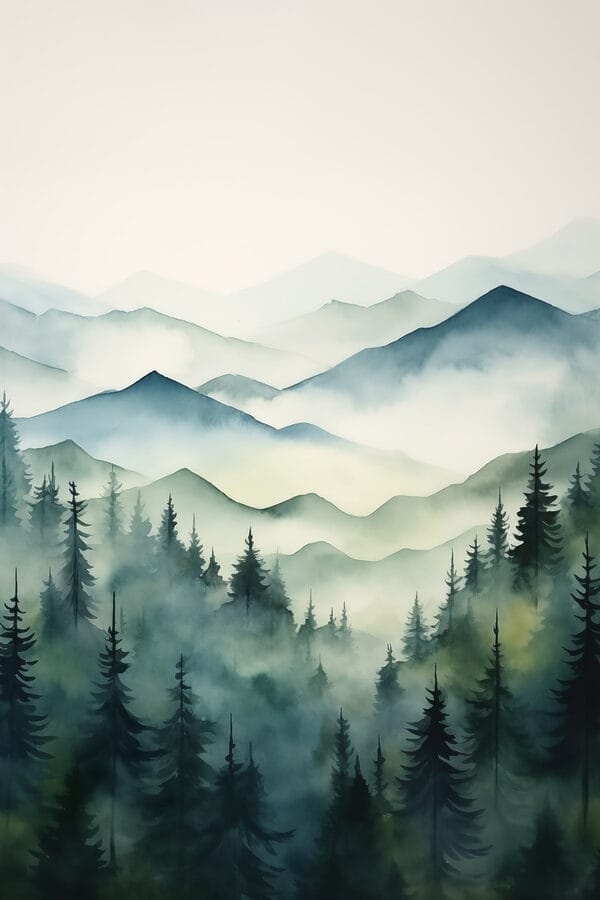 Painting of a mountain range with trees and fog Painting of a mountain range with trees and fog