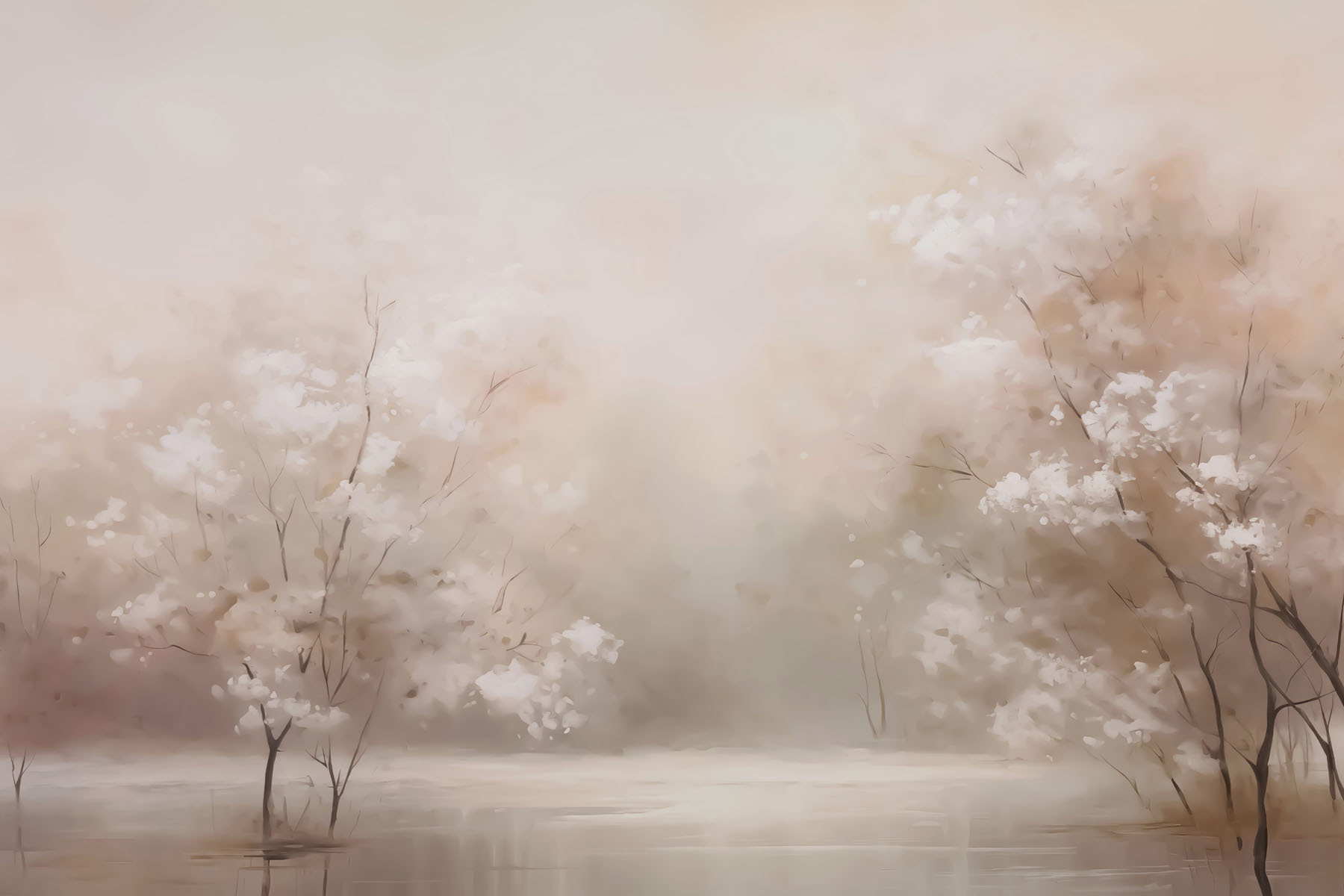 Water with trees and a foggy sky